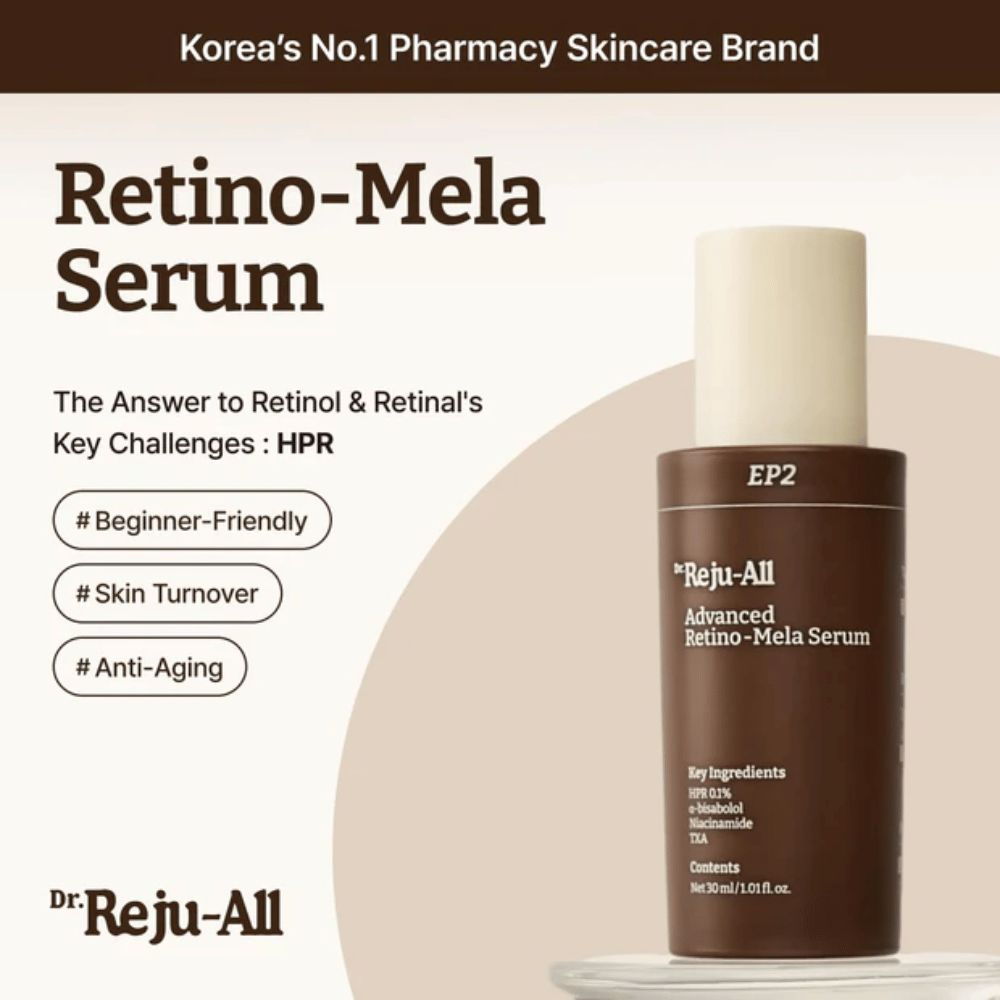 Dr. Reju-All Advanced Retino-Mela Serum EP2 – HPR-gebaseerd retinolalternatief dat zachter is dan retinol en retinal, ontwikkeld voor een egalere huidtint, huidvernieuwing en anti-aging.
