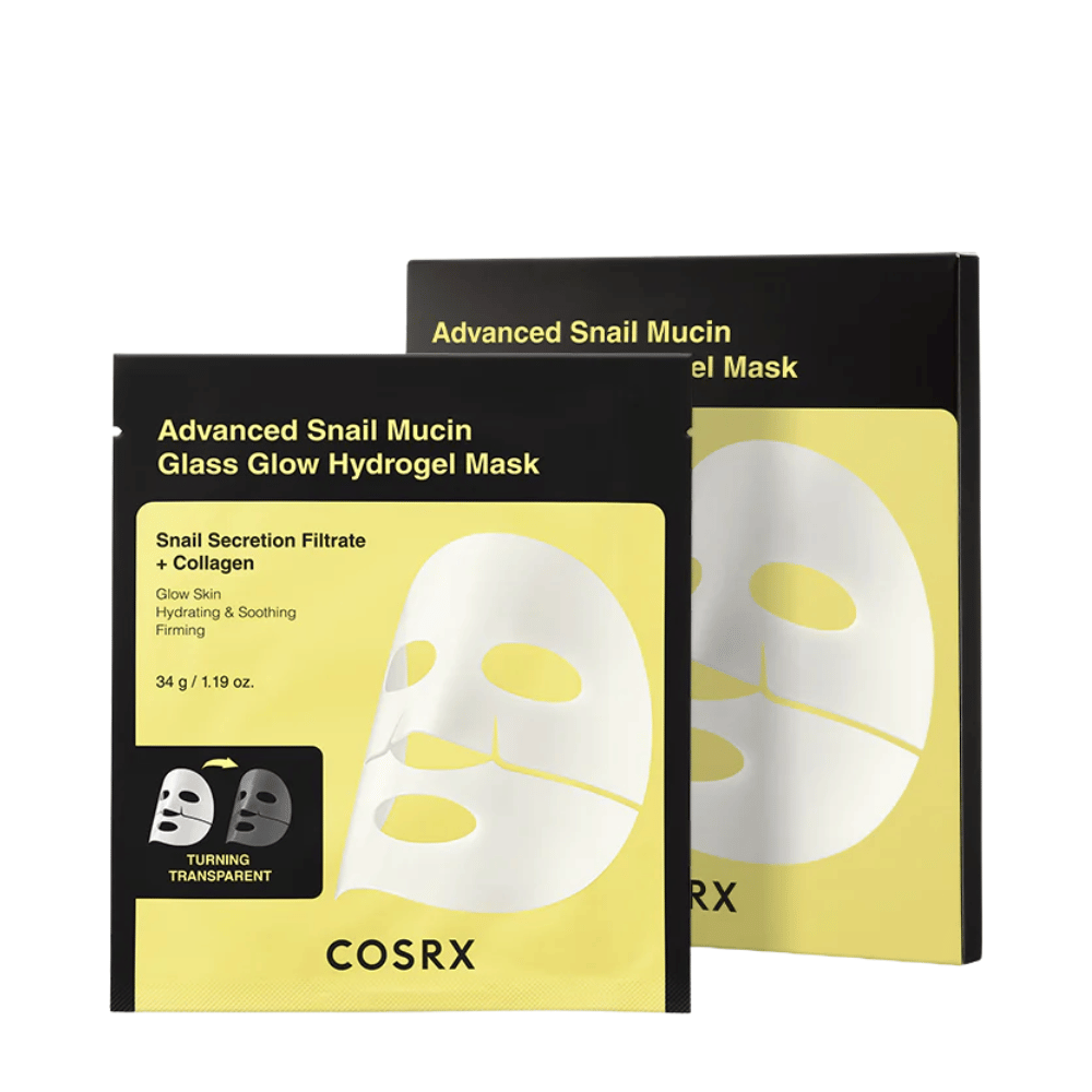 Verpakking van COSRX Advanced Snail Mucin Glass Glow Hydrogel Mask – hydraterend masker met slakkenslijm en collageen.