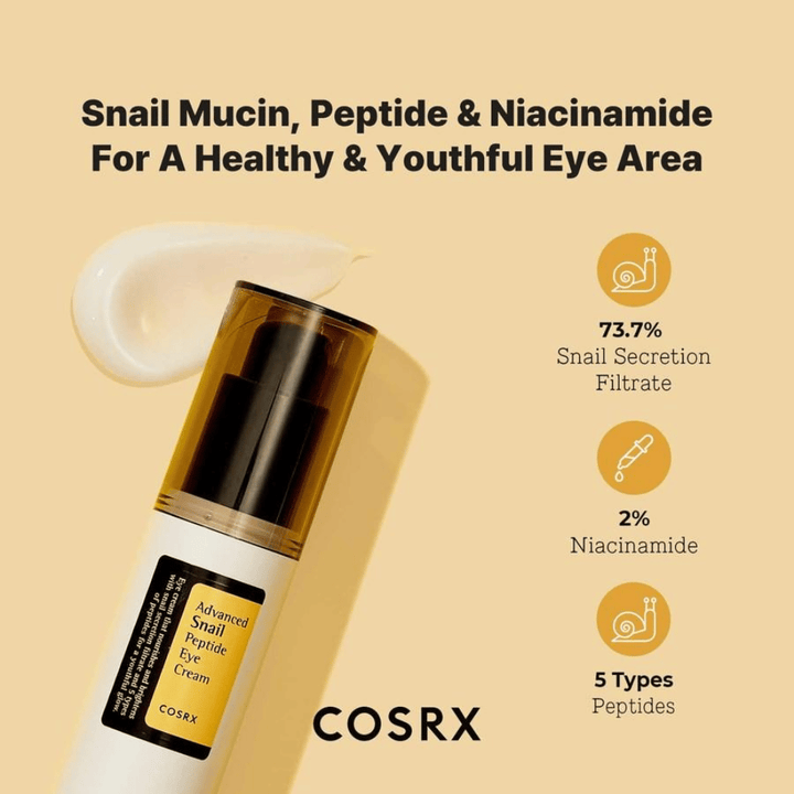 COSRX Advanced Snail Peptide Eye Cream 25 ml met slakkenslijm, peptiden en niacinamide voor stevigere huid en egalere huidtint rond de ogen