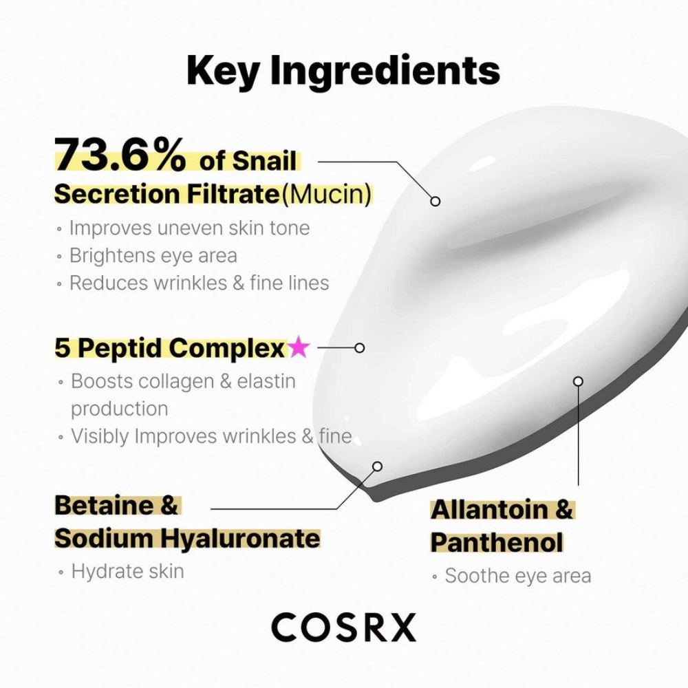 COSRX Advanced Snail Peptide Eye Cream met 73,6% slakkenslijm, 5 peptiden, niacinamide en hyaluronzuur – hydraterende en anti-aging eye cream