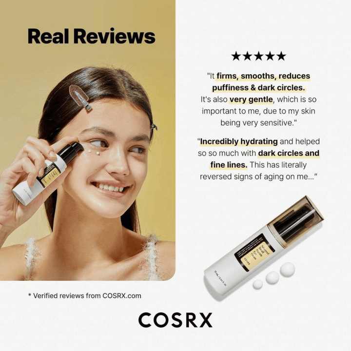 COSRX Advanced Snail Peptide Eye Cream wordt onder de ogen aangebracht – eye cream met 73,7% snail mucin en peptiden tegen donkere kringen, zwelling en fijne lijntjes