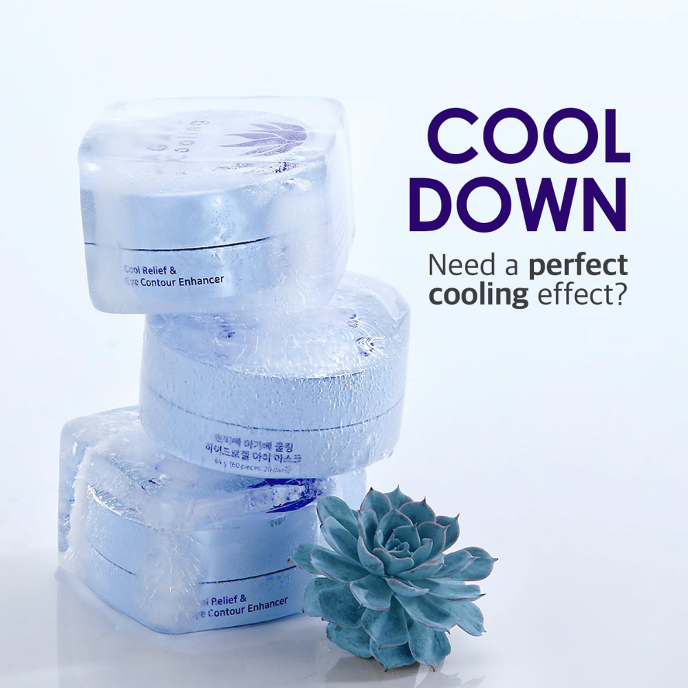 Promotieafbeelding van PETITFEE Agave Cooling Hydrogel Eye Mask met een ijzig en verkoelend thema. De afbeelding benadrukt het verkoelende effect van het product en het frisse gevoel voor vermoeide ogen.
