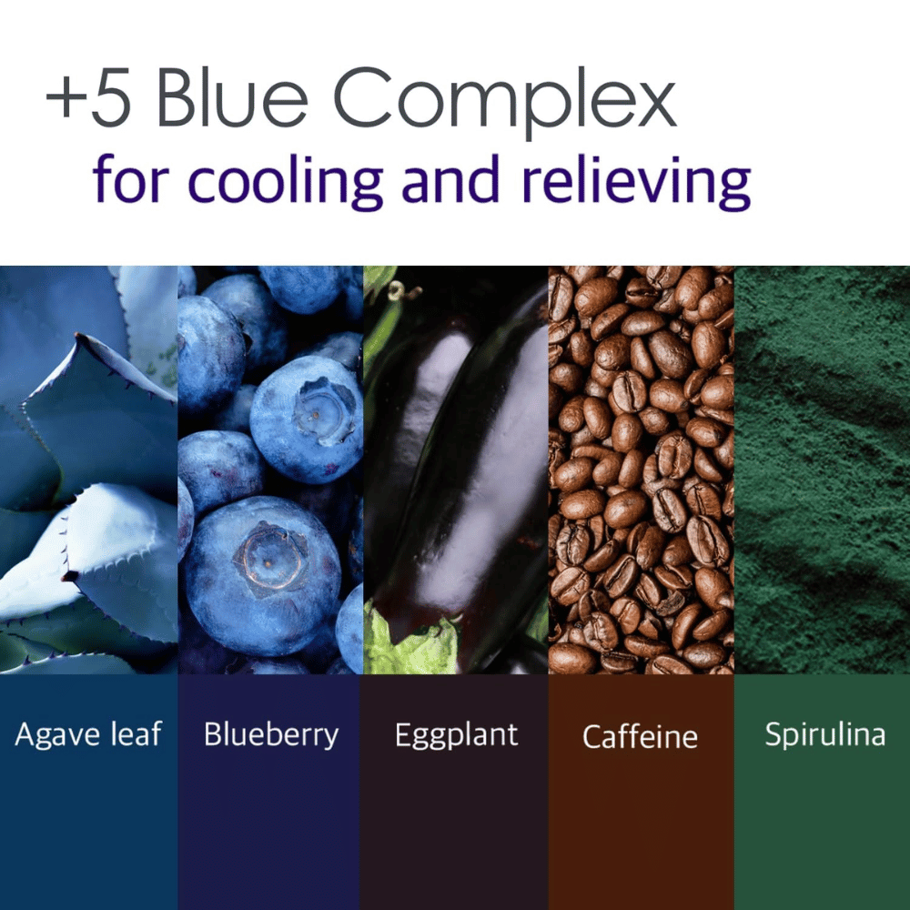 Informatieafbeelding over “5 Blue Complex” met ingrediënten zoals agaveblad, bosbes, aubergine, cafeïne en spirulina. De focus ligt op verkoelende en kalmerende eigenschappen voor de huid.