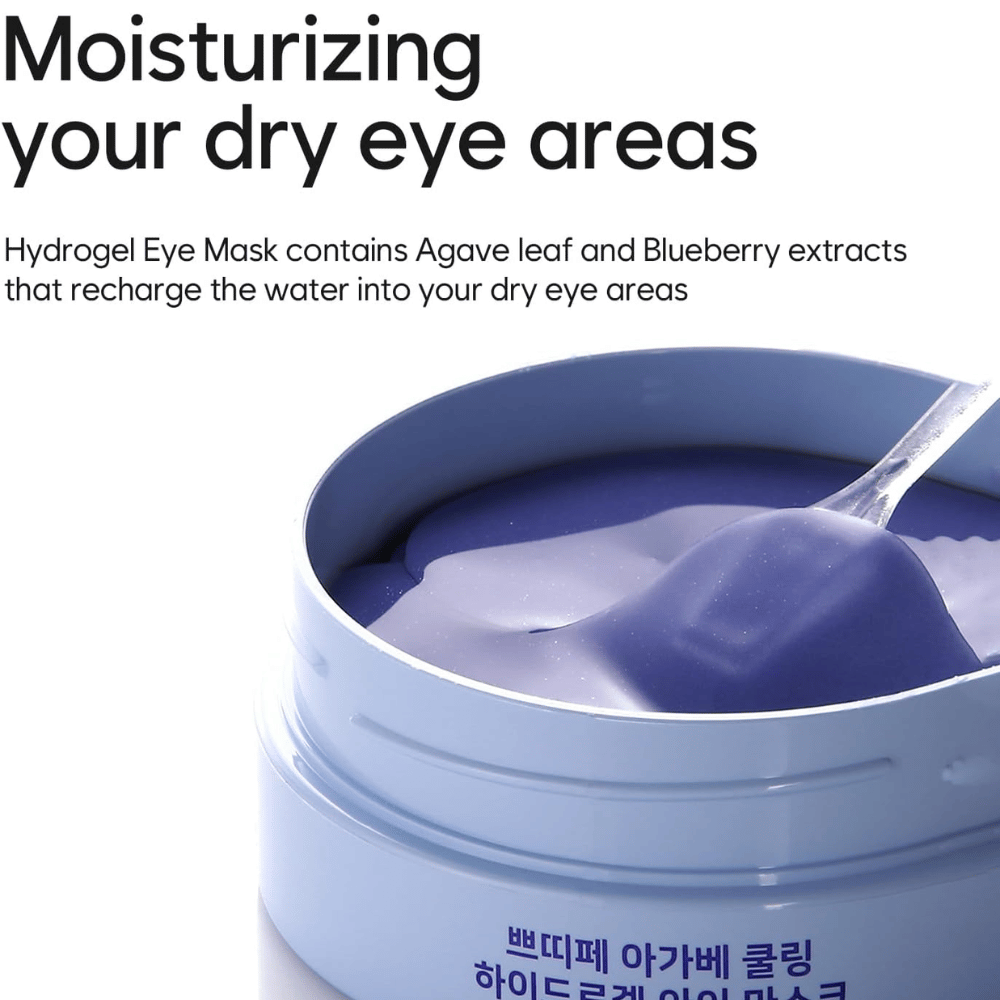 Productafbeelding van Agave Cooling Hydrogel Eye Mask met focus op hydratatie van droge zones rond de ogen. De afbeelding toont de hydrogel-formule en de meegeleverde spatel.