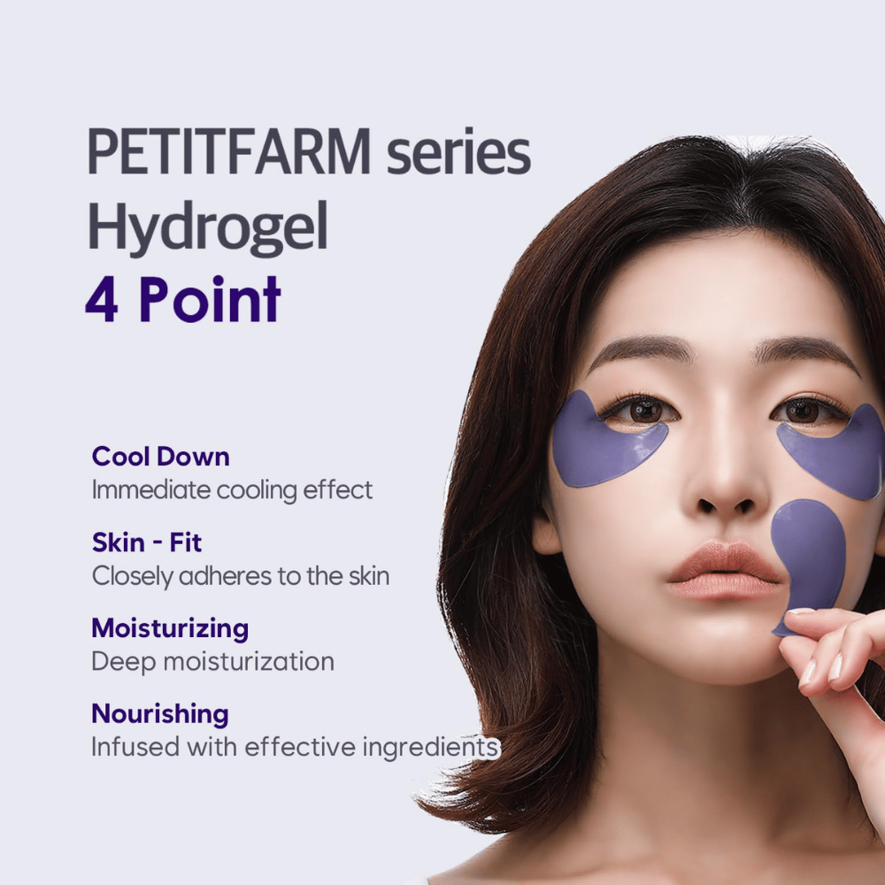 Promotieafbeelding met model dat PETITFARM Hydrogel Eye Mask gebruikt. De afbeelding benadrukt vier hoofdvoordelen: verkoelend effect, huidaangepaste pasvorm, diepe hydratatie en voedende ingrediënten.