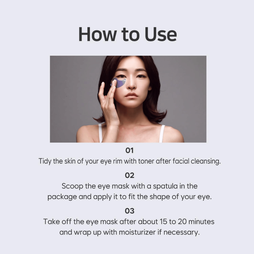 Instructieafbeelding die laat zien hoe PETITFARM Hydrogel Eye Mask na reiniging en toner wordt aangebracht. De gids beschrijft stap voor stap hoe de eye patches worden gebruikt voor hydratatie en verkoelende verzorging rond de ogen.