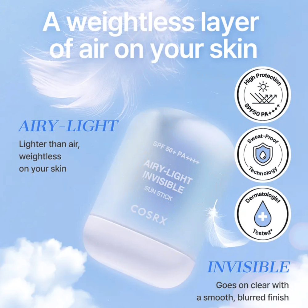 COSRX Airy-Light Invisible Sun Stick – ultralichte zonnebescherming met SPF 50+ en PA++++, biedt een gewichtloze, onzichtbare afwerking.