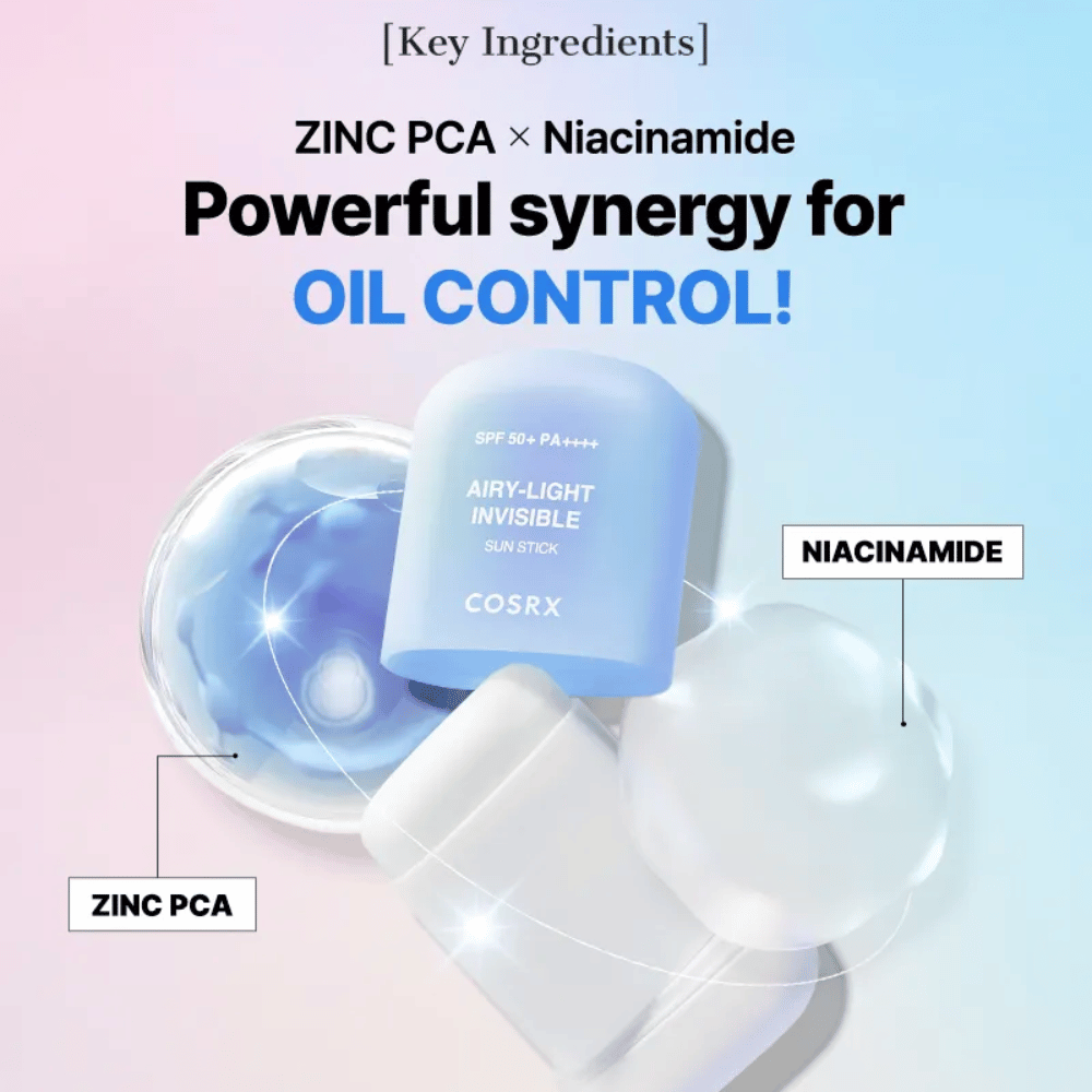 Belangrijkste ingrediënten in COSRX Airy-Light Invisible Sun Stick – Zink PCA en Niacinamide voor effectieve talgregulatie en heldere huid.