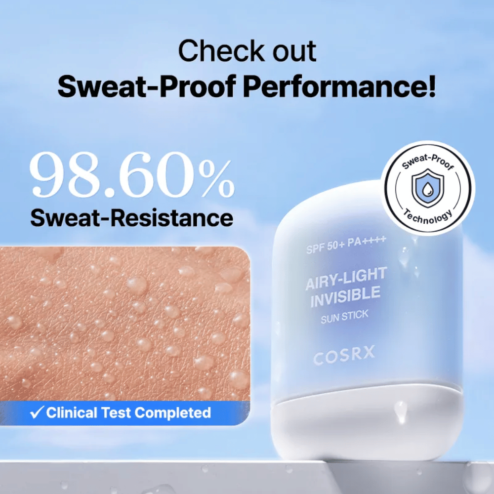 COSRX Airy-Light Invisible Sun Stick met 98,6% zweetbestendigheid – bewezen zweetbestendige technologie voor langdurige bescherming.