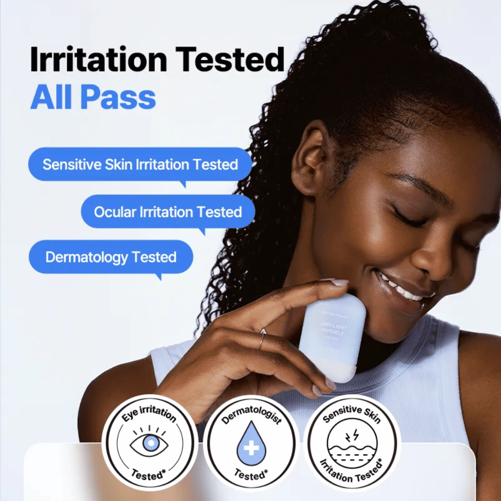 Klinisch geteste COSRX Airy-Light Invisible Sun Stick – getest voor gevoelige huid, oogirritatie en dermatologisch goedgekeurd.
