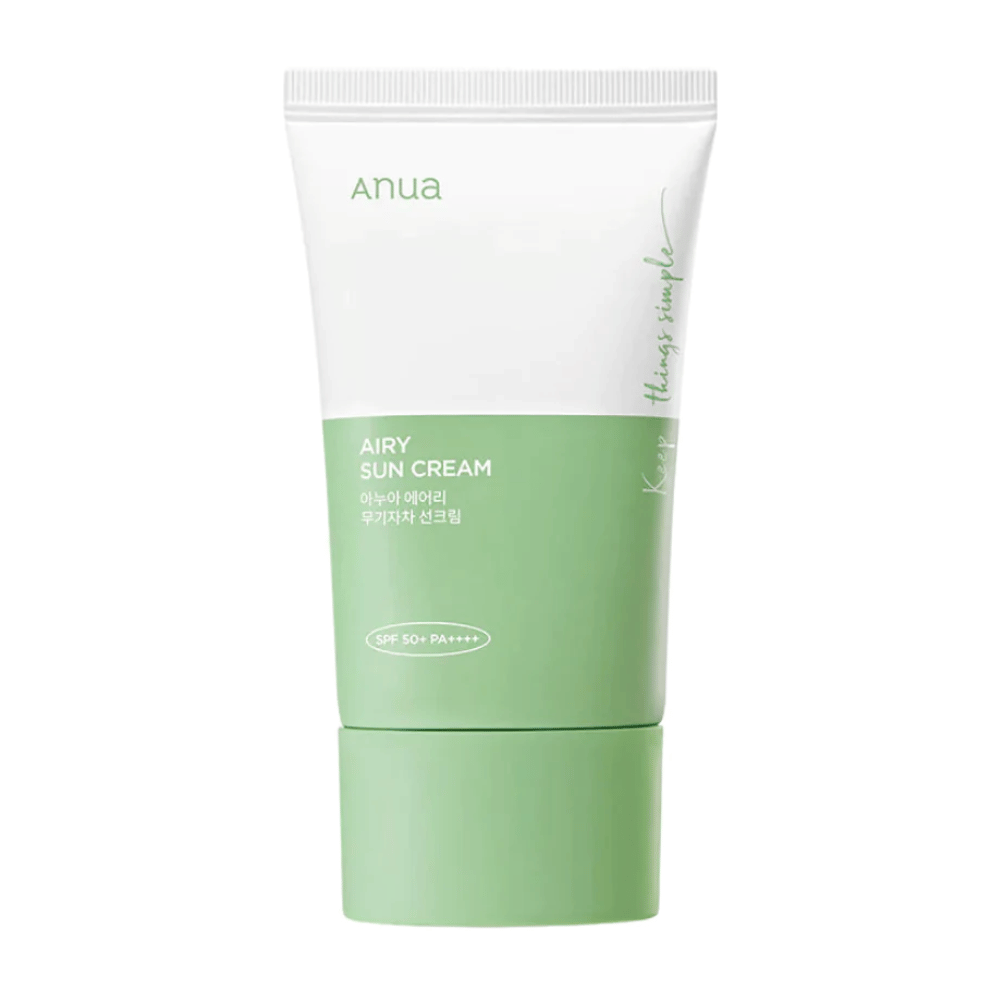 Een tube van Anua Airy Sun Cream met SPF 50+ PA++++ op een witte achtergrond.