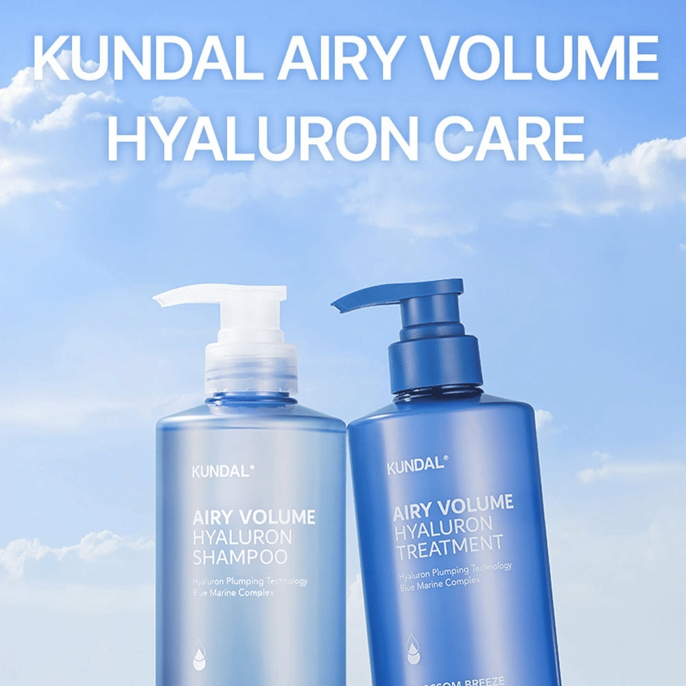 KUNDAL Airy Volume Hyaluron Shampoo en Treatment in blauwe pompflacons, haarverzorging met hyaluron en Blue Marine Complex.