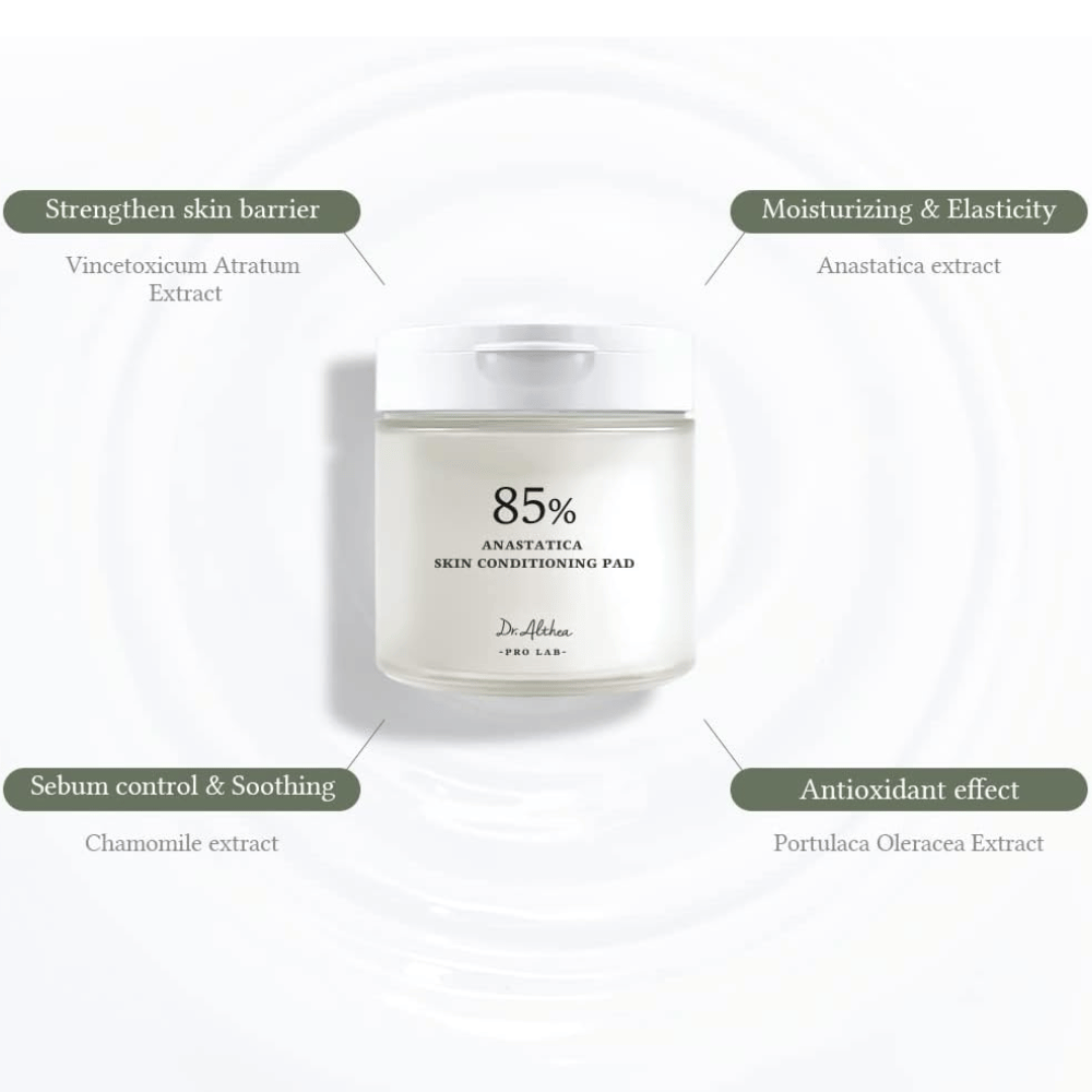 Dr. Althea 85% Anastatica Skin Conditioning Pad met Anastatica-extract, kamille, postelein en Vincetoxicum-extract die de huidbarrière versterken en de huid kalmeren.