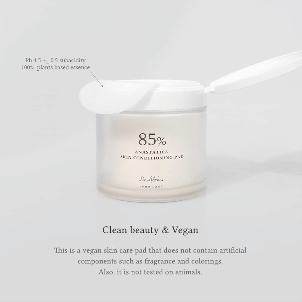 Dr. Althea 85% Anastatica Skin Conditioning Pad zijn vegan toner pads zonder kunstmatige geur- en kleurstoffen, ontwikkeld voor de gevoelige huid.