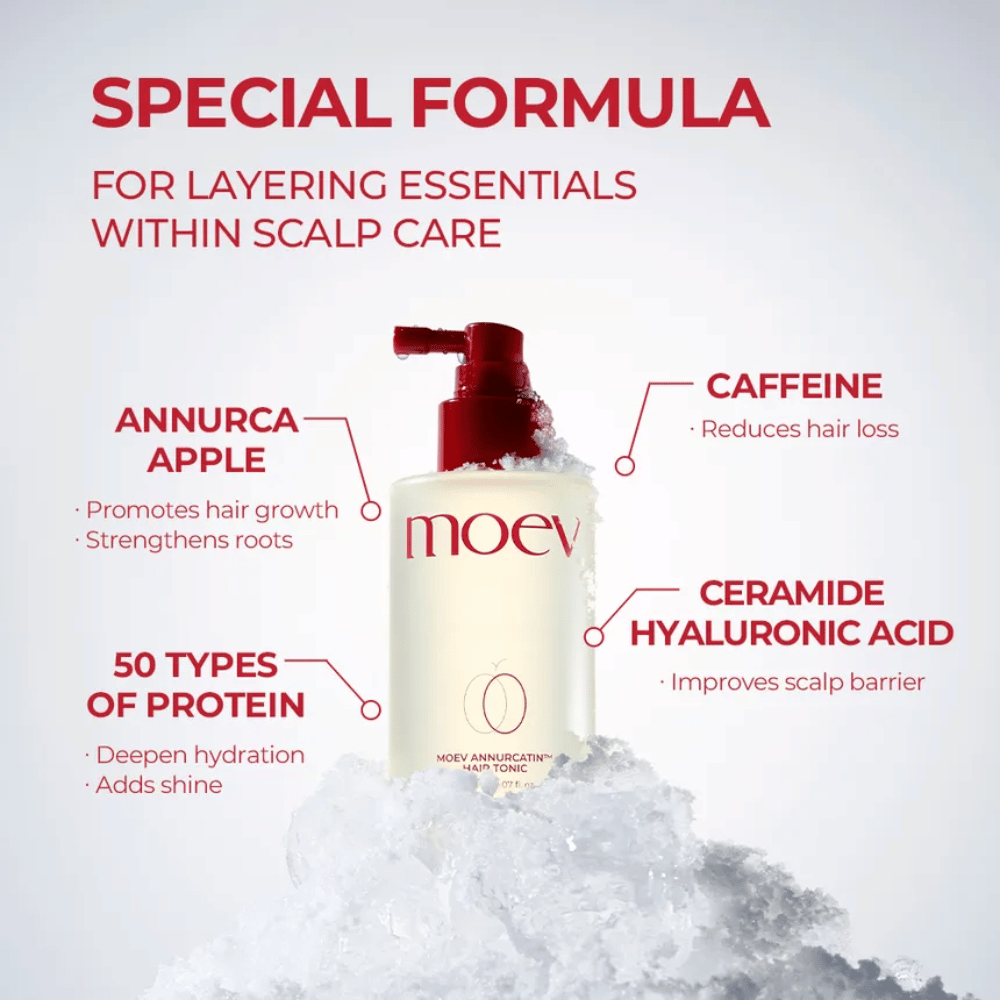 MOEV Annurcatin Hair Tonic – geavanceerde formule met Annurca-appel, cafeïne en hyaluronzuur die haar en hoofdhuid versterkt.