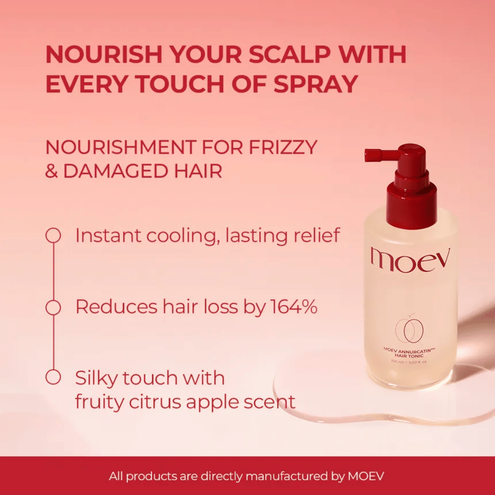 MOEV Annurcatin Hair Tonic – verzorgende spray die haaruitval vermindert, de hoofdhuid verkoelt en een frisse citrusgeur geeft.