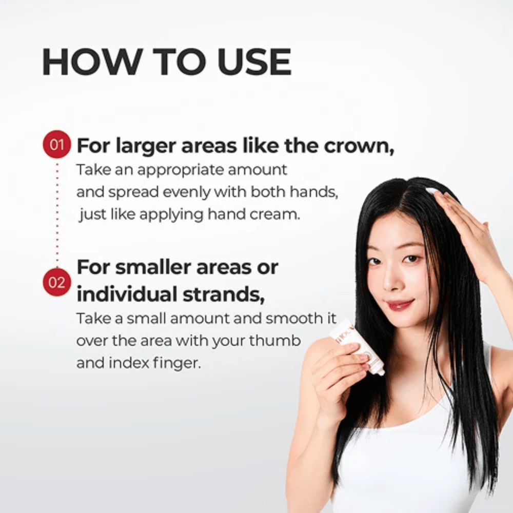 1. MOEV Annurcatin No Sebum Hair Cream – instructies voor applicatie op de hoofdhuid en op afzonderlijke haarlokken
