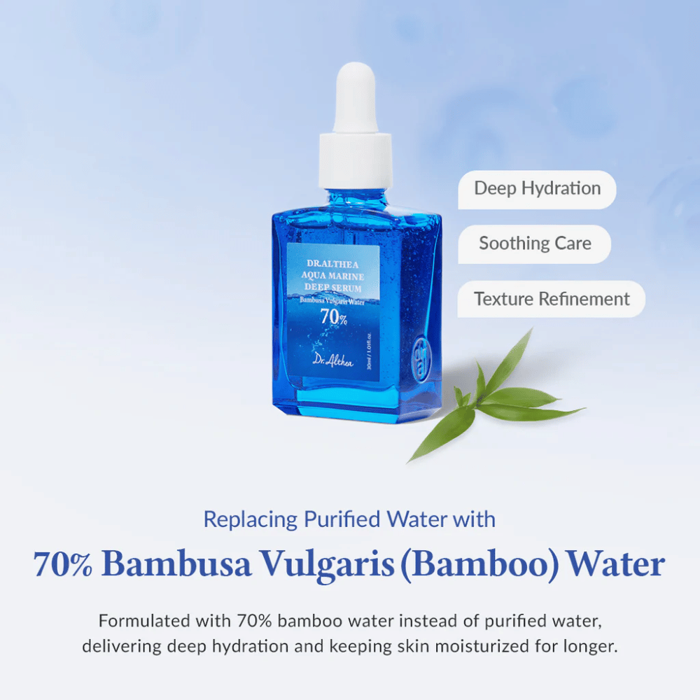 Dr. Althea Aqua Marine Deep Serum in blauwe glazen fles met pipet, geformuleerd met 70% Bambusa Vulgaris (bamboe) water voor diepe hydratatie, kalmerende verzorging en verbeterde huidtextuur.