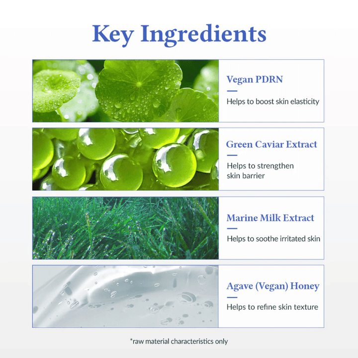 Belangrijkste ingrediënten in Dr. Althea Aqua Marine Deep Serum – Vegan PDRN voor elasticiteit, Green Caviar Extract dat de huidbarrière versterkt, Marine Milk Extract dat de huid kalmeert en Agave (vegan honing) voor een egalere huidstructuur.