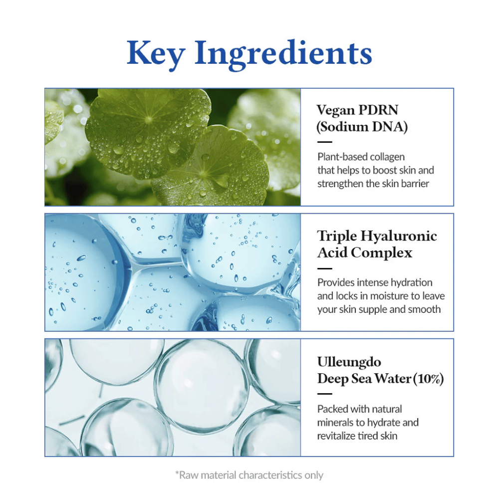 Belangrijkste ingrediënten in Dr. Althea Aqua Marine Jelly Mist met vegan PDRN, hyaluronzuur en diepzeewater