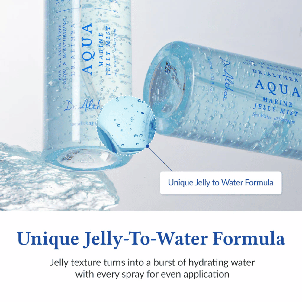 Dr. Althea Aqua Marine Jelly Mist met unieke jelly-to-water-formule die geactiveerd wordt bij sprayen en intense hydratatie biedt