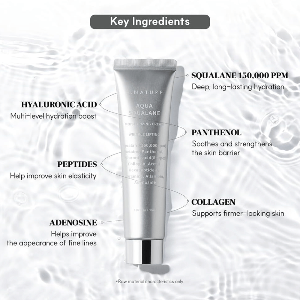 S.NATURE Aqua Squalane Moisturizing Cream met squalane, hyaluronzuur, panthenol, peptiden en collageen voor een gehydrateerde en soepele huid.