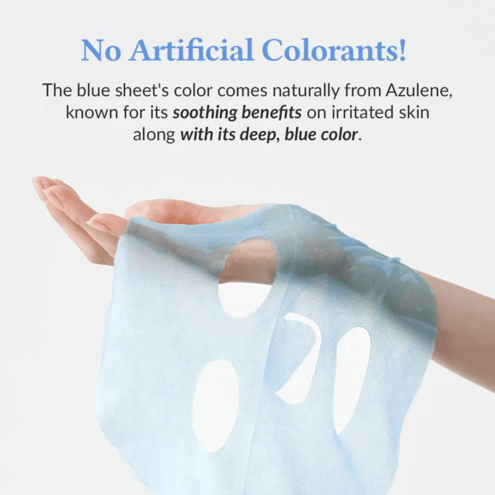 Geen kunstmatige kleurstoffen! De blauwe kleur in het masker komt natuurlijk van azuleen, dat geïrriteerde huid kalmeert en zijn diepe blauwe tint geeft.