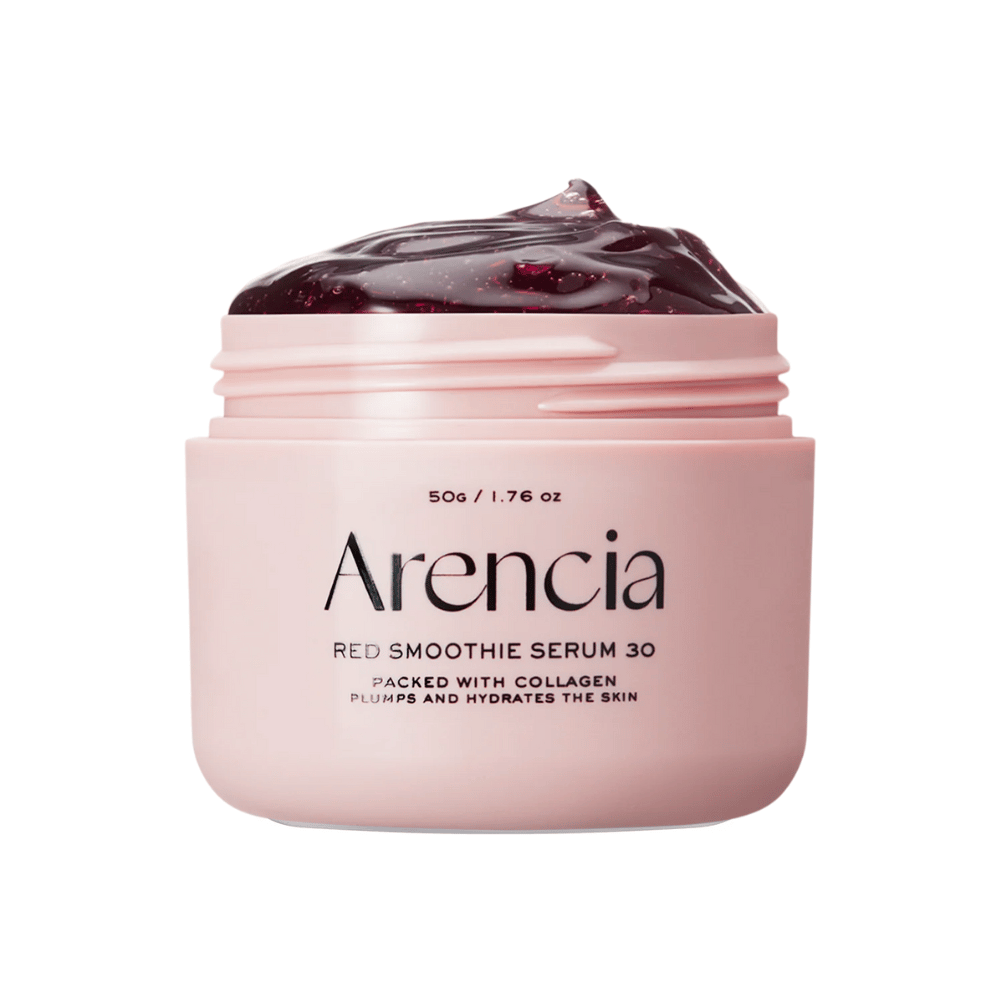 Close-up van Arencia Red Smoothie Serum 30 in roze pot, gevuld met diep rode gel voor hydratatie en stevigheid.
