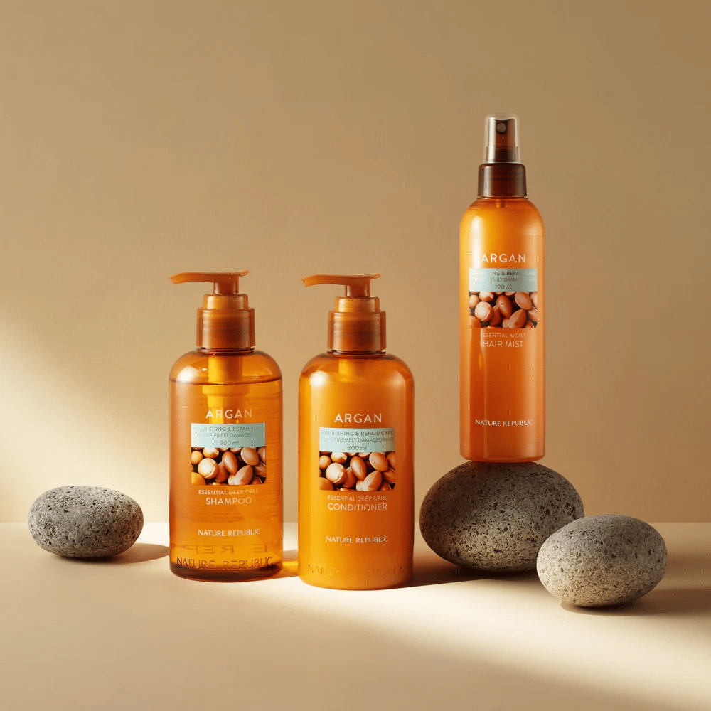 Nature Republic Argan-serie met shampoo, conditioner en hair mist voor beschadigd haar – verrijkt met arganolie voor glans en voeding.