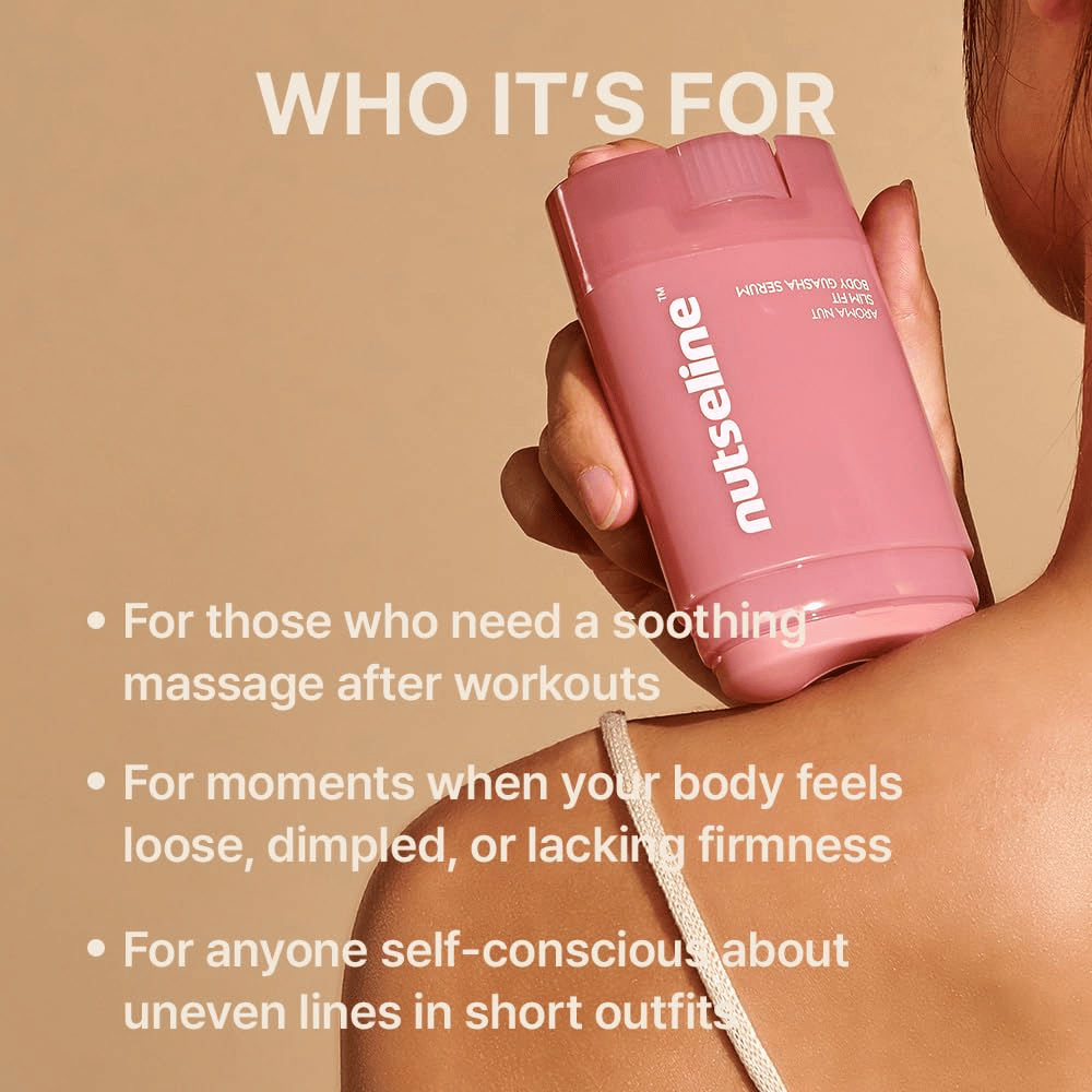 Model houdt Nuseline Aroma Nut Slim Fit Body Guasha Serum tegen de schouder, samen met informatie over voor welke gebruikers en behoeften het product geschikt is.