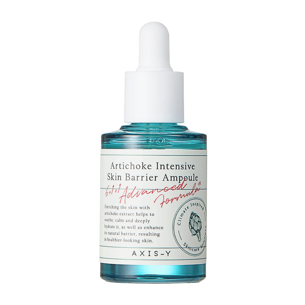 Een fles huidverzorgingsserum gemarkeerd "Artichoke Intensive Skin Barrier Ampoule" van AXIS-Y.
