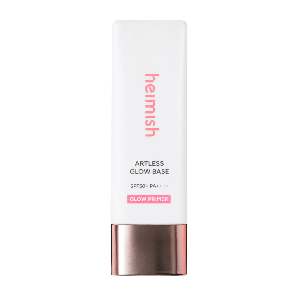 Heimish Artless Glow Base SPF50+ PA++++ – Koreaanse glow primer en zonbescherming in witte verpakking met roségoudkleurige dop.