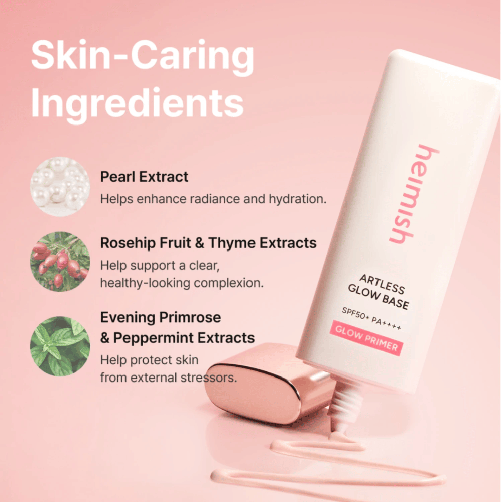 Heimish Artless Glow Base SPF50+ PA++++ met parelextract, rozenbottel, tijm, teunisbloem en pepermunt voor hydratatie en glow.