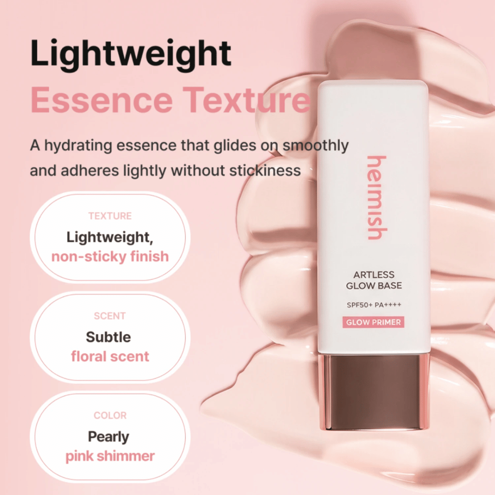 Heimish Artless Glow Base SPF50+ PA++++ – licht hydraterende glow primer met parelmoerachtige roze finish zonder plakkerig gevoel.