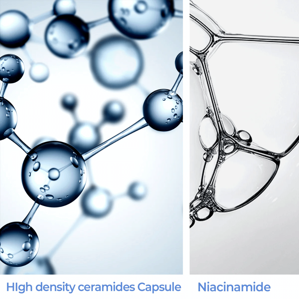 Close-up van hoge dichtheid ceramidecapsules en niacinamide - sleutel ingrediënten in AESTURA Atobarrier 365 Lotion.