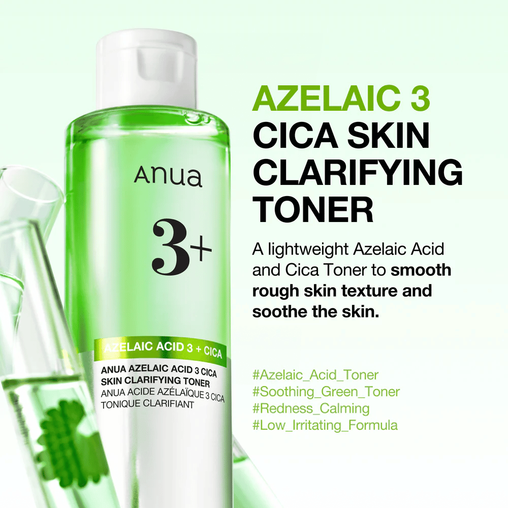 Anua Azelaic Acid 3 Cica Skin Clarifying Toner met 3% azelaïnezuur en centella asiatica die zacht exfolieert, de huid kalmeert en de helderheid van de huid verbetert.