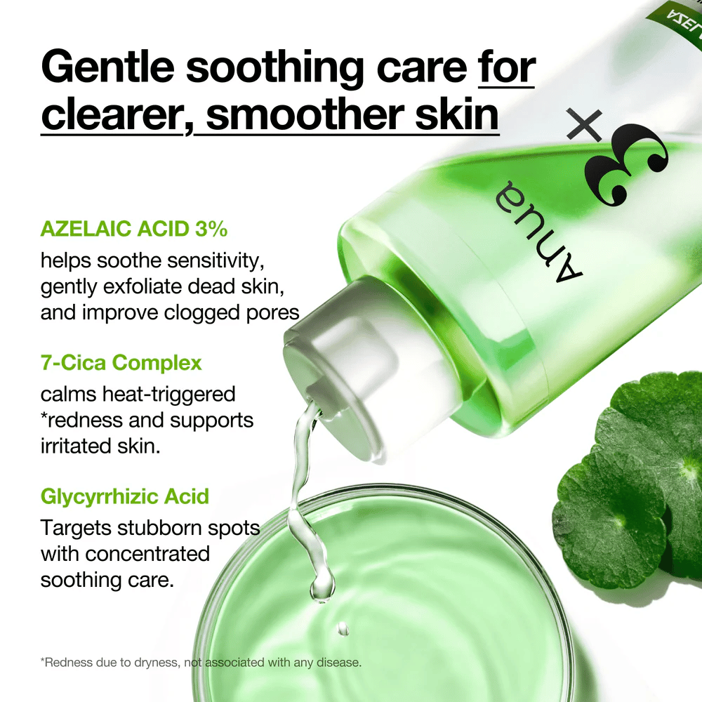Anua Azelaic Acid 3 Cica Skin Clarifying Toner met 3% azelaïnezuur, 7-Cica Complex en glycyrrhizinezuur die de gevoelige huid kalmeren en roodheid verminderen.