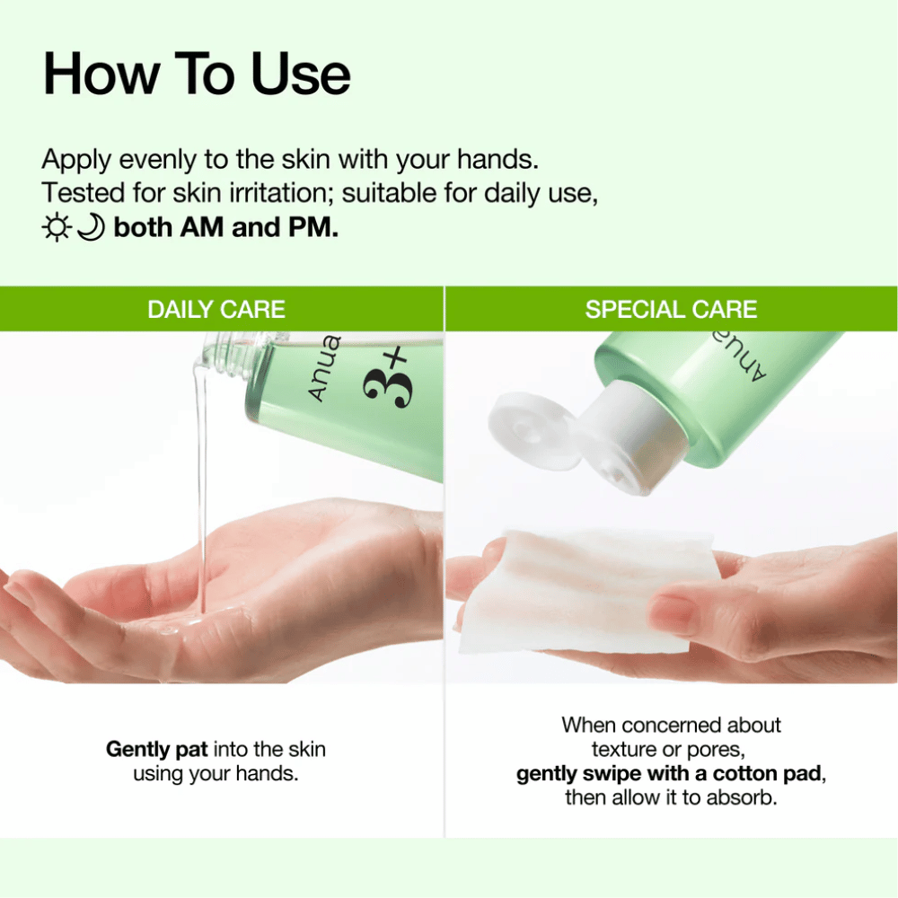 Anua Azelaic Acid 3 Cica Skin Clarifying Toner wordt met de handen of een wattenschijfje aangebracht om de huid te kalmeren en de huidstructuur te verbeteren.