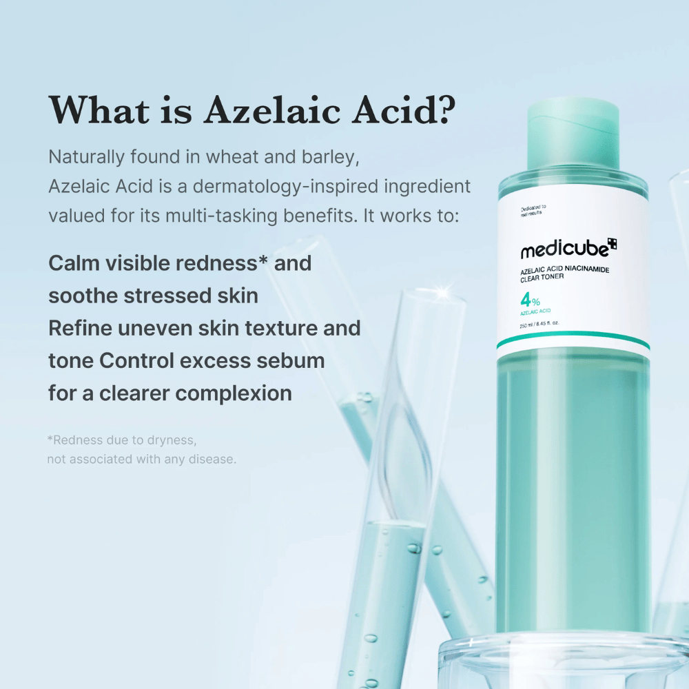 Medicube Azelaic Acid Niacinamide Clear Toner met 4% azelaïnezuur dat helpt roodheid te kalmeren, de huidteint te egaliseren en overtollig talg te controleren voor een helderdere huid.
