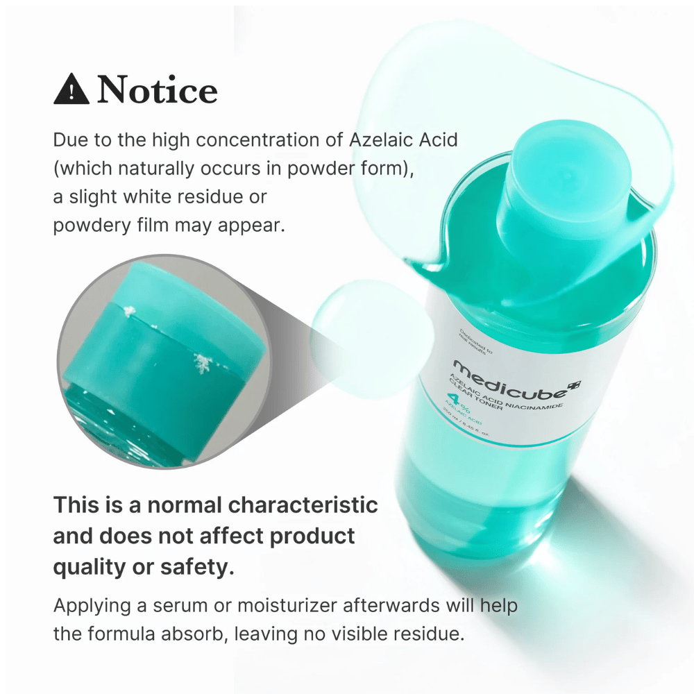 Medicube Azelaic Acid Niacinamide Clear Toner die natuurlijke kristalresten van azelaïnezuur toont en uitlegt dat dit normaal is en de kwaliteit of veiligheid van het product niet beïnvloedt.