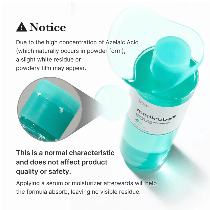 Medicube Azelaic Acid Niacinamide Clear Toner die natuurlijke kristalresten van azelaïnezuur toont en uitlegt dat dit normaal is en de kwaliteit of veiligheid van het product niet beïnvloedt.