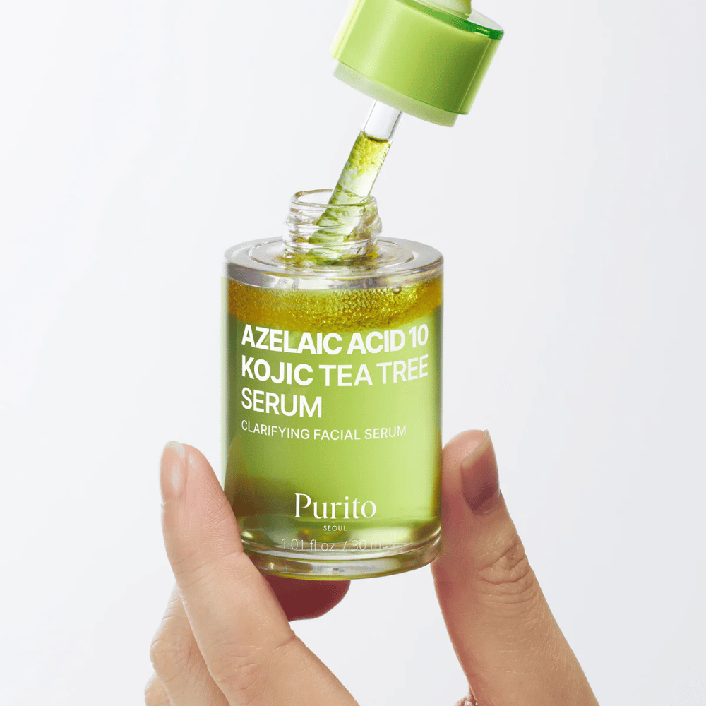 Purito Azelaic Acid 10 Kojic Tea Tree Serum – lätt serum med pipett. Innehåller azelainsyra, kojic acid och tea tree för klarare hud.