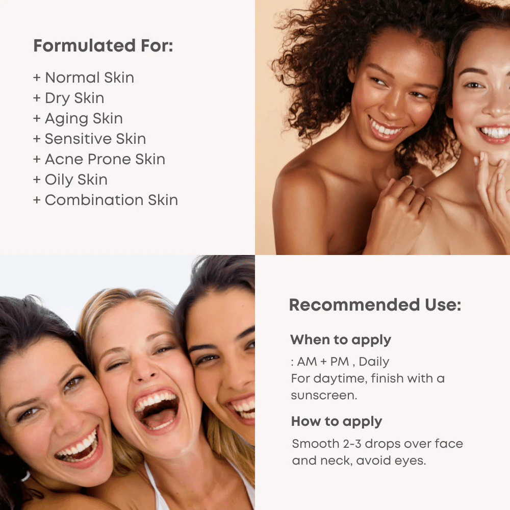 Productinformatie voor B-Boost 10% Niacinamide Serum, inclusief aanbevelingen voor gebruik en huidtypes.