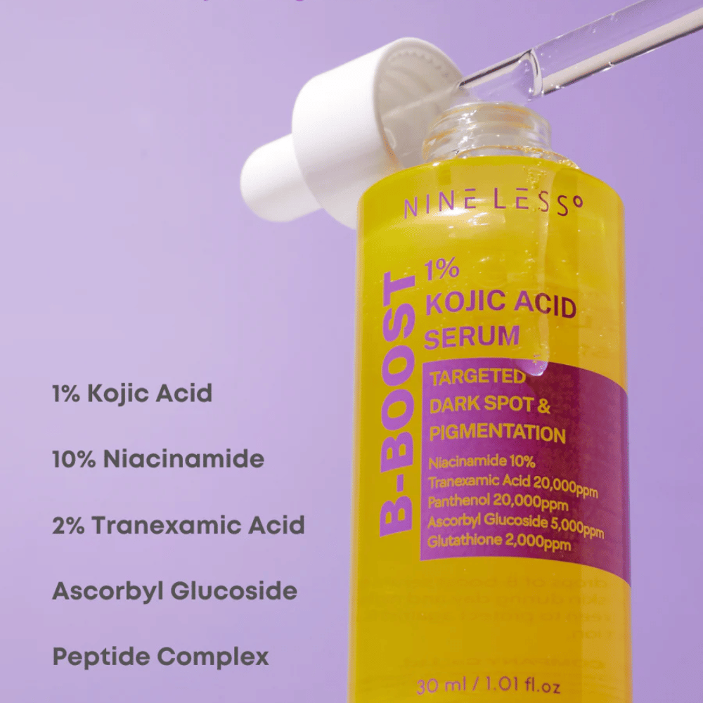 B-Boost 1% Kojic Acid Serum in flessen met pipet, voor donkere vlekken en pigmentatie.