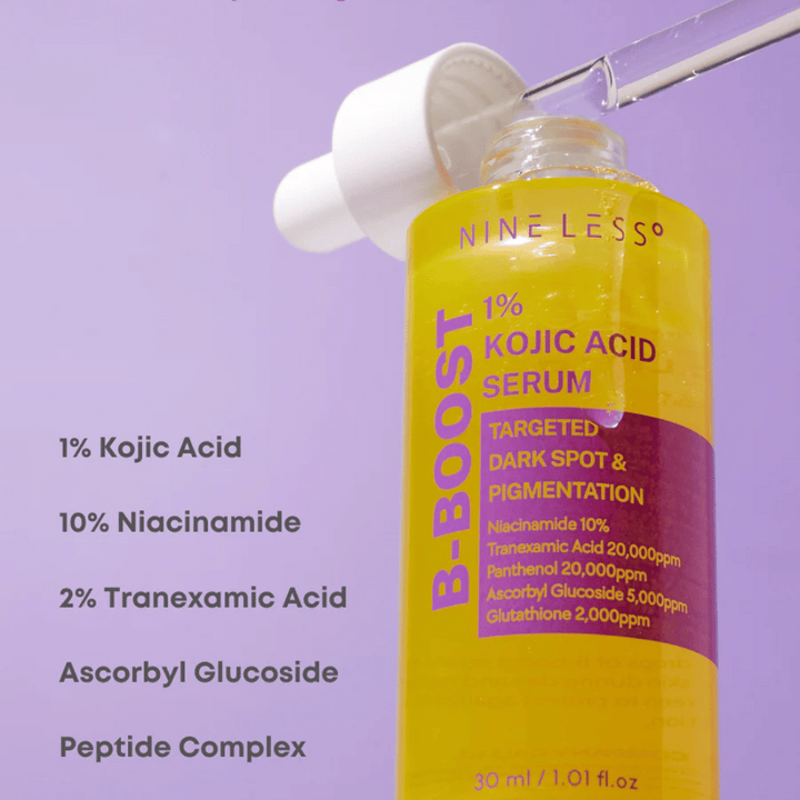 B-Boost 1% Kojic Acid Serum i flaskor med pipett, för mörka fläckar och pigmentering.