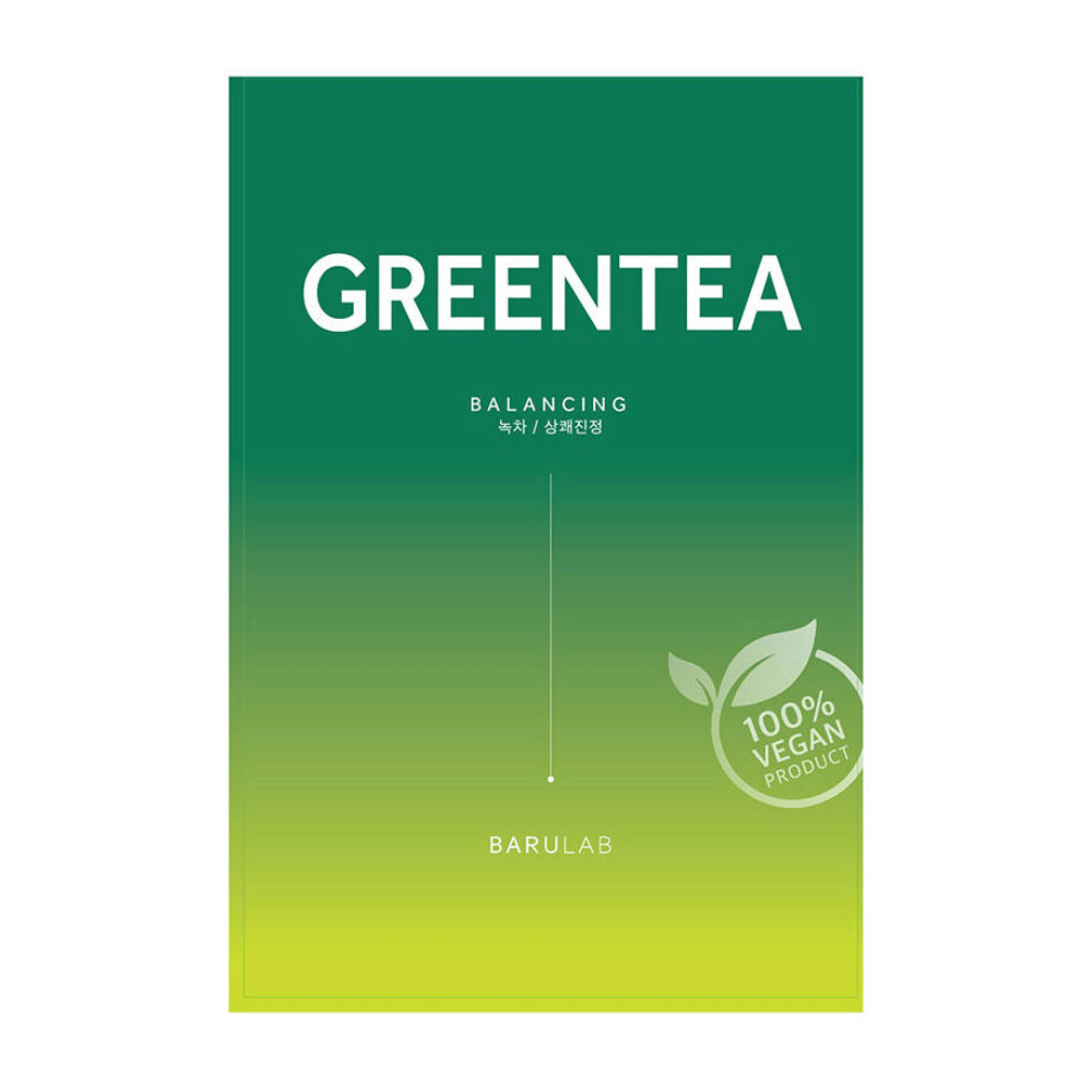 Een verpakking van BARULAB "GREENTEA Balancing" masker, gemarkeerd als "100% Vegan Product". De verpakking heeft een kleurverloop van donkergroen naar lichtgeel.