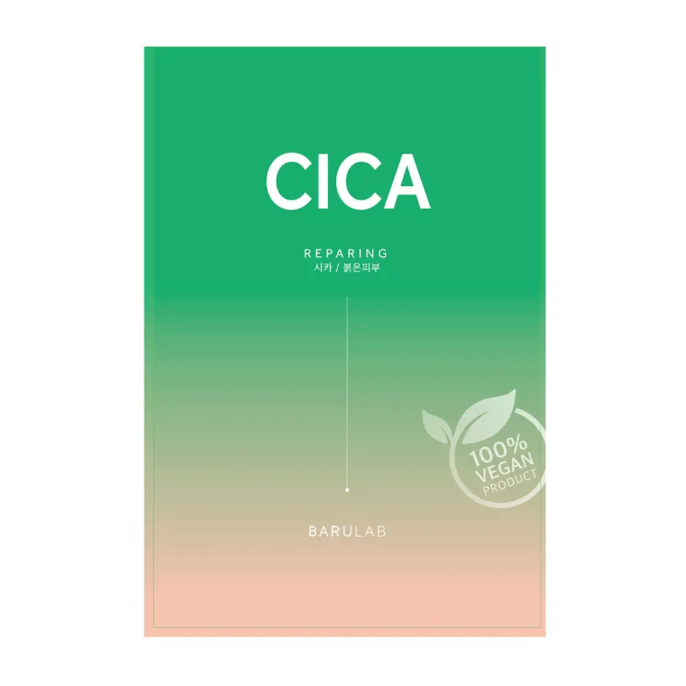 Een verpakking van BARULAB voor een "CICA Repairing" masker, genoteerd als "100% Vegan Product". De verpakking heeft een kleurverloop dat van donkergroen naar lichtere tinten overgaat richting de onderkant.