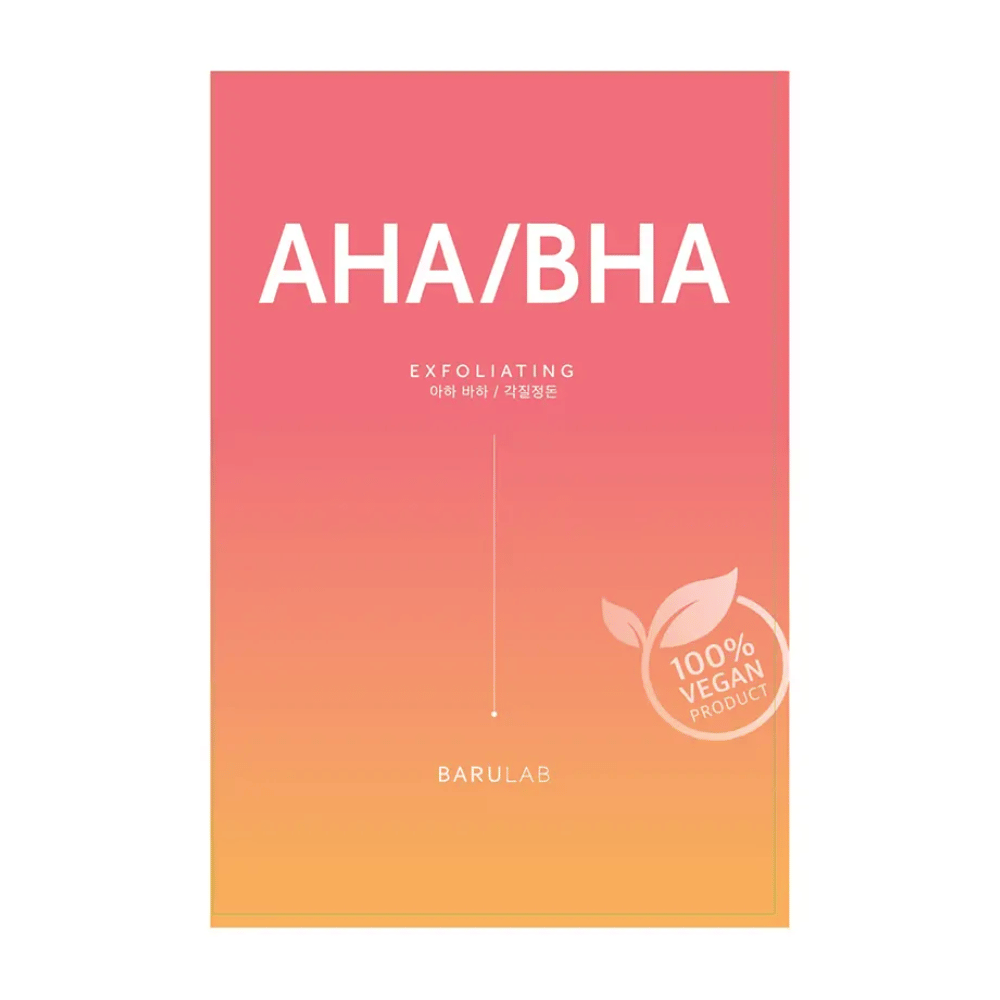 Een BARULAB-productverpakking voor een "AHA/BHA Exfoliating" masker, genoteerd als "100% Vegan Product". De verpakking verloopt in kleur van rood naar geel.