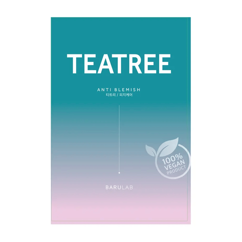 Een verpakking van BARULAB "TEATREE Anti Blemish" masker, gemarkeerd als "100% Vegan Product". De verpakking heeft een kleurverloop van turquoise bovenaan naar lichtroze onderaan.