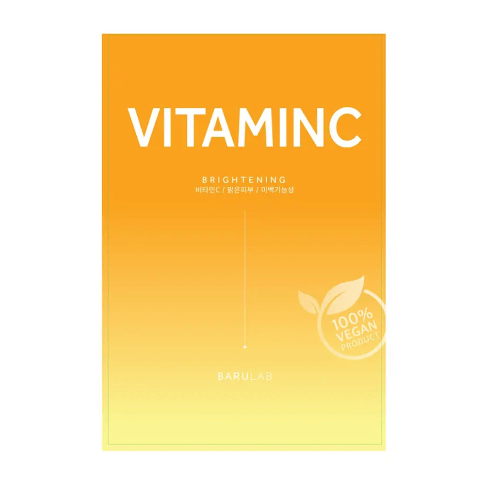 Een verpakking van BARULAB "VITAMINC Brightening" masker, gemarkeerd als "100% Vegan Product". De verpakking heeft een kleurverloop van oranje bovenaan naar lichtgeel onderaan.